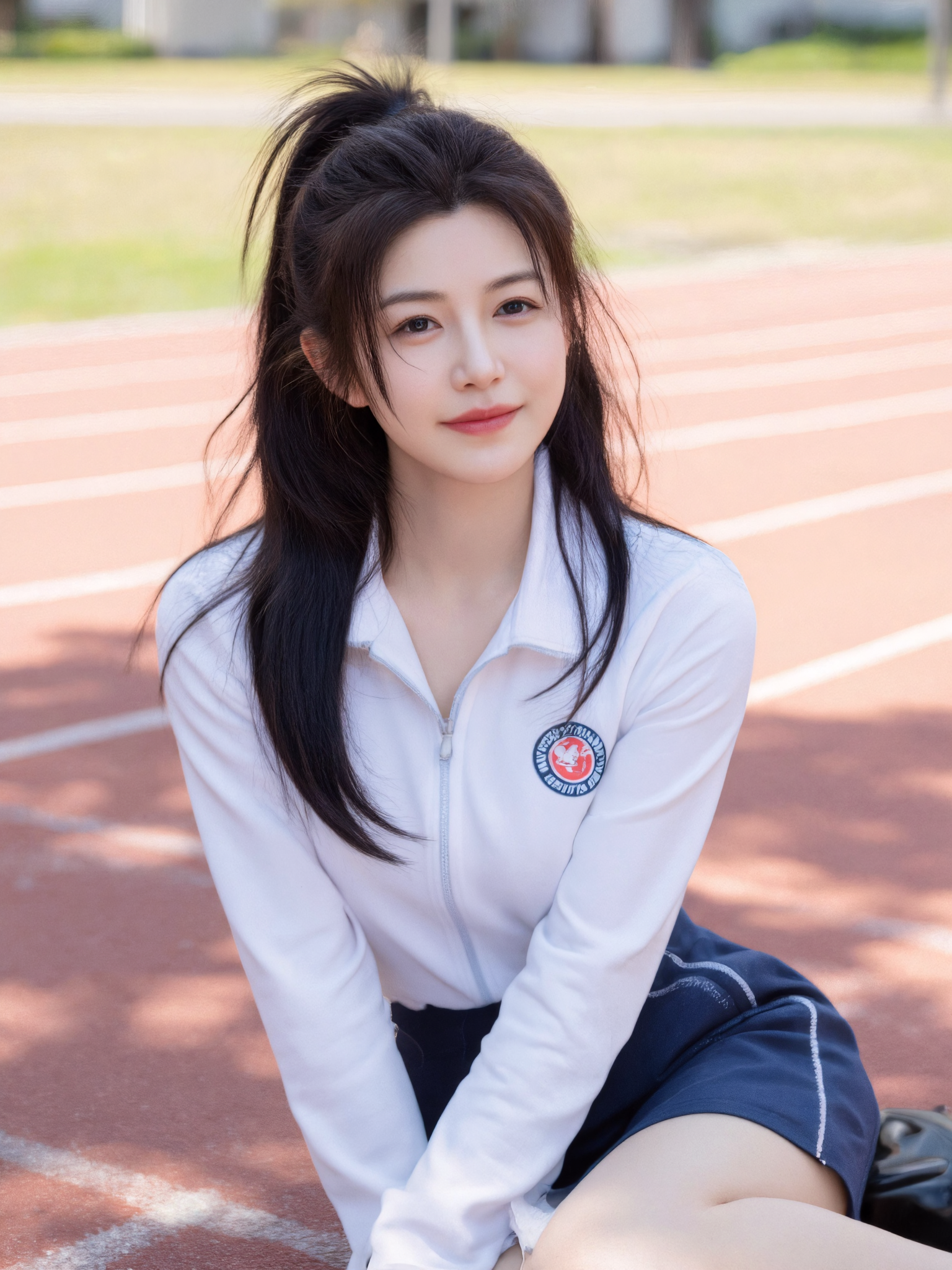 This is a high-resolution close-up shot photo of a young Asian woman with fair skin and a slender build. She has long, straight black hair tied in a loose ponytail, with strands moving in the wind. She is wearing a white and blue student tracksuit.
﻿
She is sitting on a school sports field in a relaxed pose. Her head is slightly turned to the side, with a soft, friendly smile. Dappled sunlight filters through above, creating scattered light and shadow on her and the ground. The background includes a blurred running track, grass, and school buildings. The image feels natural, peaceful, and full of youth.