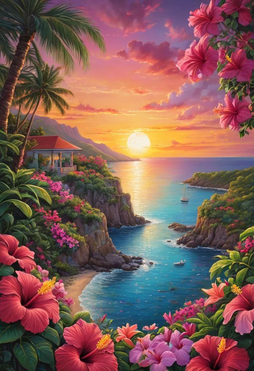 Tropical coast at sunset with blooming hibiscus, frangipani, and bougainvillea, capturing intoxicating hues of the descending sun, moonrise complementing the scene, emphasis on vibrant, ultra-realistic blossoms, depth of field focused on flower details, ultra-detailed with a breathtaking surreal masterpiece quality, dramatic lighting.