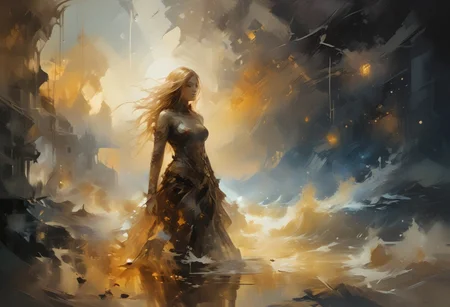 A captivating cosmic scene where Venus emerges from the ocean, waves dancing around her under a golden morning light. In the background, a starry sky serves as a canvas, with vibrant colors blending in space. Venus, shrouded in amber mist, embodies both wrath and beauty, swirling in retrograde around the blazing sun, Sol. Artistic elements suggesting a dynamic and discordant dance float around her. Illuminate this vision of a stellar future, highlighting the connection between the sea and the cosmos, with an ambiance of mystery and universal energy.