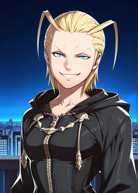 fireemblemxd, 
masterpiece, best quality, amazing quality, very aesthetic, absurdres, newest, detailed background, upper body, outdoors, night, city, sky, dynamic angle
larxenekh, 1girl, solo, blonde hair, antenna hair, hood, smirk, grin, one eyebrow raised, upper body, short hair, hood down, looking at viewer, forehead, zipper, hair slicked back, blue eyes, black coat
<lora:Larxene_-_Kingdom_Hearts_Illustrious_r2:1>
 <lora:Fire_Emblem_Style:1>, <lora:Expression_Detailer_Illustrious_Lora:0.7>