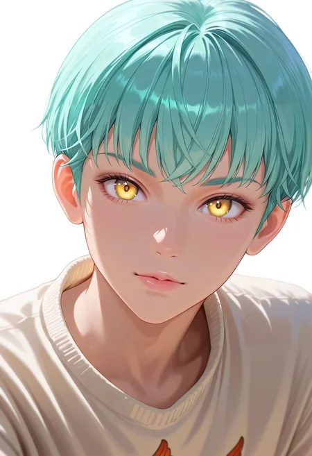 masterpiece, best quality, , (photorealistic:0.6), looking at viewer, 1boy, solo, male focus, <lora:sariel_nnt_ilxl:0.96>, sariel_nnt, aqua hair, yellow eyes, short hair, , ,