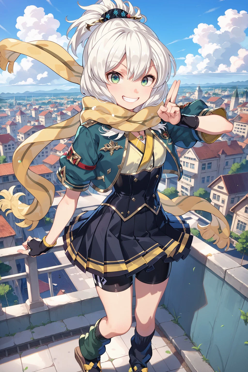 score_max, (score_9, score_8_up, score_7_up:1.2), score_6_up, official art,
masterpiece, absurdres, high detail, 8k,
school, rooftop, city landscape, blue sky,
standing, two-finger salute, arm at side, grin,
ange, school uniform, yellow scarf, green jacket, cropped jacket, open jacket, short sleeves, multicolored shirt, corset, black skirt, plated skirt, black gloves, fingerless gloves, bike shorts, leg warmers, black footwear, sandals,
<lora:XL_Pony_gomaotsu-angelica-t1:1.0>