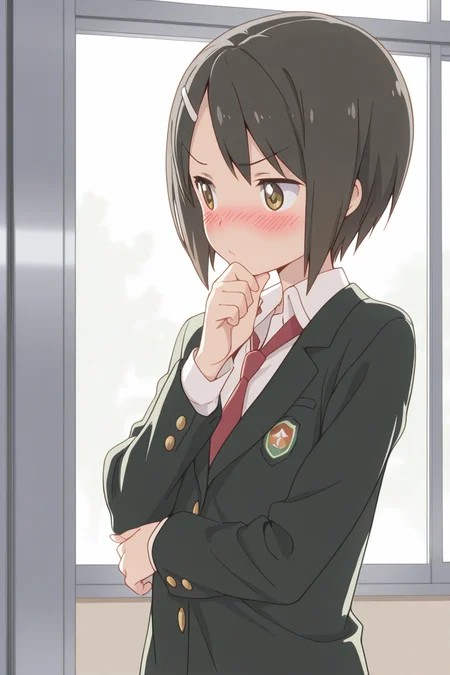 masterpiece, best quality, amazing quality,
 <lora:Kaede_IL:1> kaede, 1girl, hair ornament, hairclip, necktie, solo, school uniform, short hair, blush, hand on own chin, black hair, brown eyes, thinking, red necktie, indoors, shirt