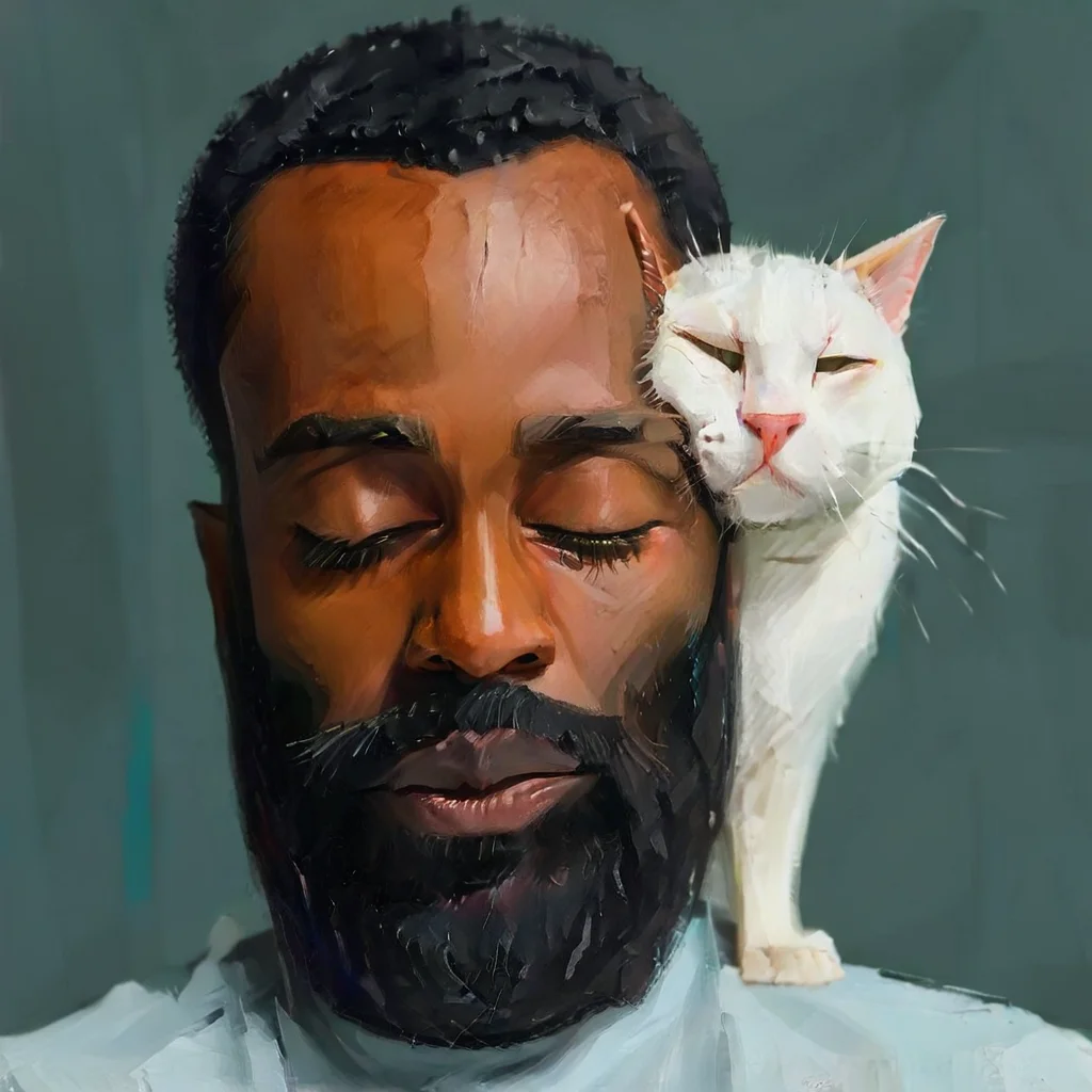 black male with beard, white cat sleeping on his heads, caricature, albeniz rodriguez style <lora:albeniz-rodriguez-style:0.9>