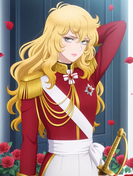 official tv style,anime coloring,oscar francois de jarjayes,1girl,solo,red rose,red petals,looking to the side,rapier,lips,wavy hair,lipstick,crossdressing,gold epaulettes,white bow,red military uniform,white pants,red jacket,white brooch,white aiguillette,looking at viewer,arm behind head,
masterpiece,best quality,amazing quality,very aesthetic,absurdres,newest,<lora:oscar_francois_de_jarjayes illusXL v1:0.72>,
