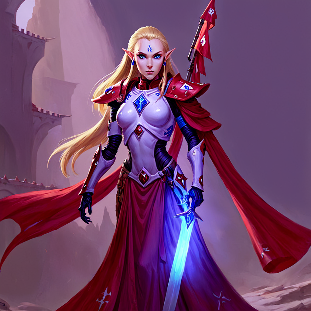 <lora:aeldari_xl_6:1>aeldari, asuryani, stadnart aeldari, aeldari's cape, aeldari's shoulder armor, 1girl, solo, long hair, blue eyes, blonde hair, gloves, dress, medium breasts, weapon, pointy ears, sword, cape, glowing, red dress, flag, glowing weapon
