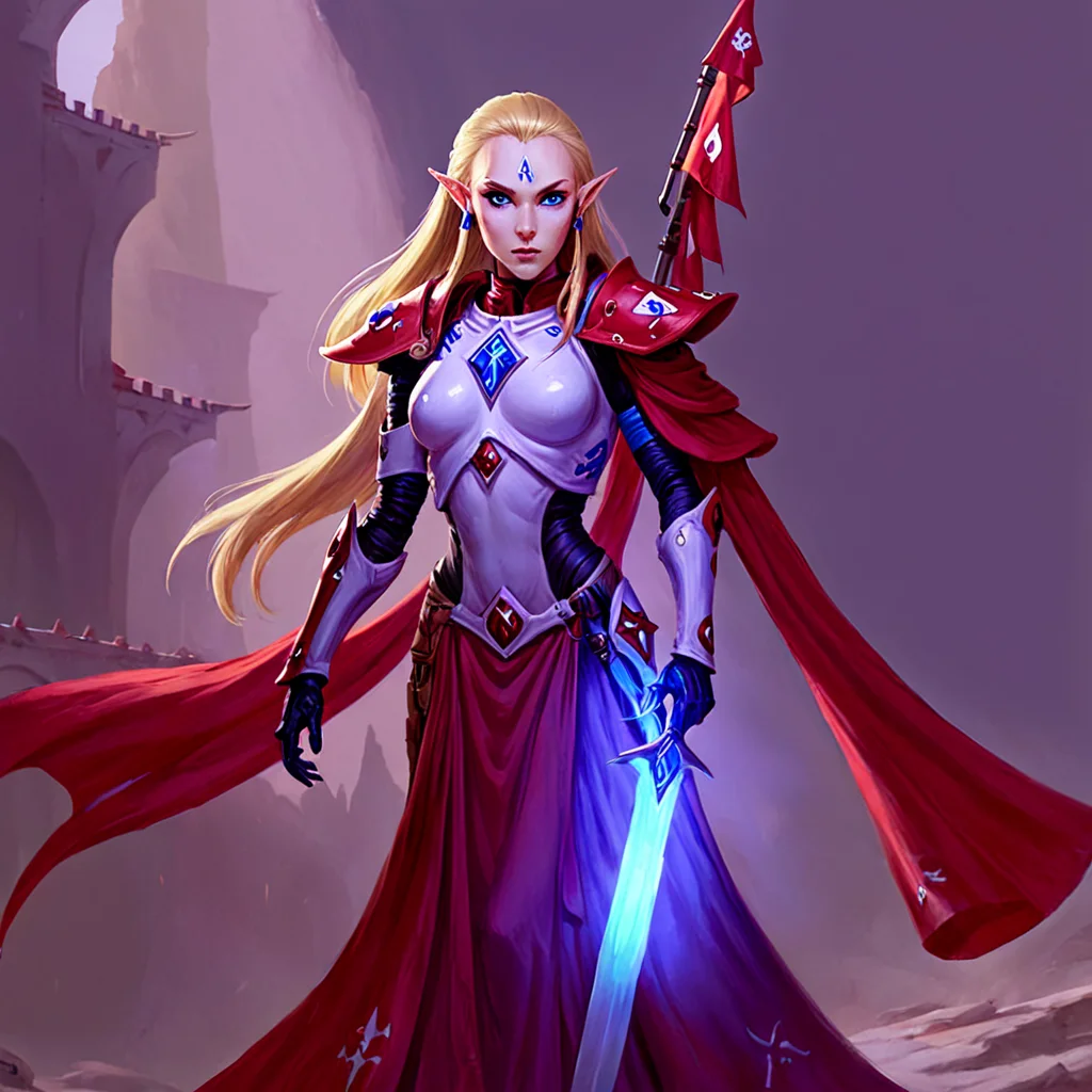 <lora:aeldari_xl_6:1>aeldari, asuryani, stadnart aeldari, aeldari's cape, aeldari's shoulder armor, 1girl, solo, long hair, blue eyes, blonde hair, gloves, dress, medium breasts, weapon, pointy ears, sword, cape, glowing, red dress, flag, glowing weapon