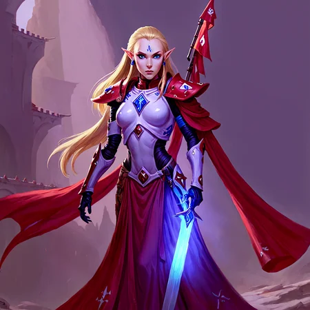 <lora:aeldari_xl_6:1>aeldari, asuryani, stadnart aeldari, aeldari's cape, aeldari's shoulder armor, 1girl, solo, long hair, blue eyes, blonde hair, gloves, dress, medium breasts, weapon, pointy ears, sword, cape, glowing, red dress, flag, glowing weapon