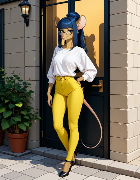 masterpiece, best quality, very aesthetic, absurdres,
outdoors,casual, 
full body, standing, posing, 
seductive smile, parted lips, long eyelashes,
<lora:Dewey_Teagarden_v01_NAIXL:1>
D3w3y,1girl,solo,furry,furry female,mouse girl,mouse ears,long hair,blue hair,high ponytail,sidelocks,blunt bangs,green eyes,semi-rimless eyewear,snout,animal nose,body fur,yellow fur,mouse tail,