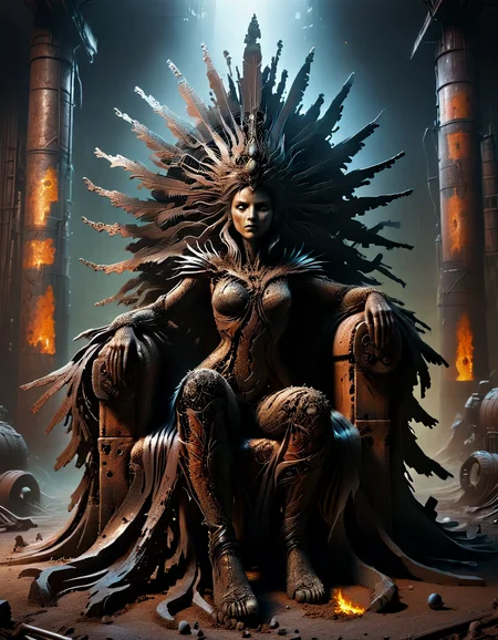 Depict the Goddess of the Rust, a powerful ruler of a post-apocalyptic, desolated desert world, sitting on a throne made of old petrol barrels. Emphasize the elements of dirt, rust, and decay, along with intricate DonM1r0nF1l1ng5XL adornments. Let the scene exude a sense of desolation and the remnants of a once-thriving civilization. Use HDR and raytracing to capture the essence of this hauntingly beautiful world