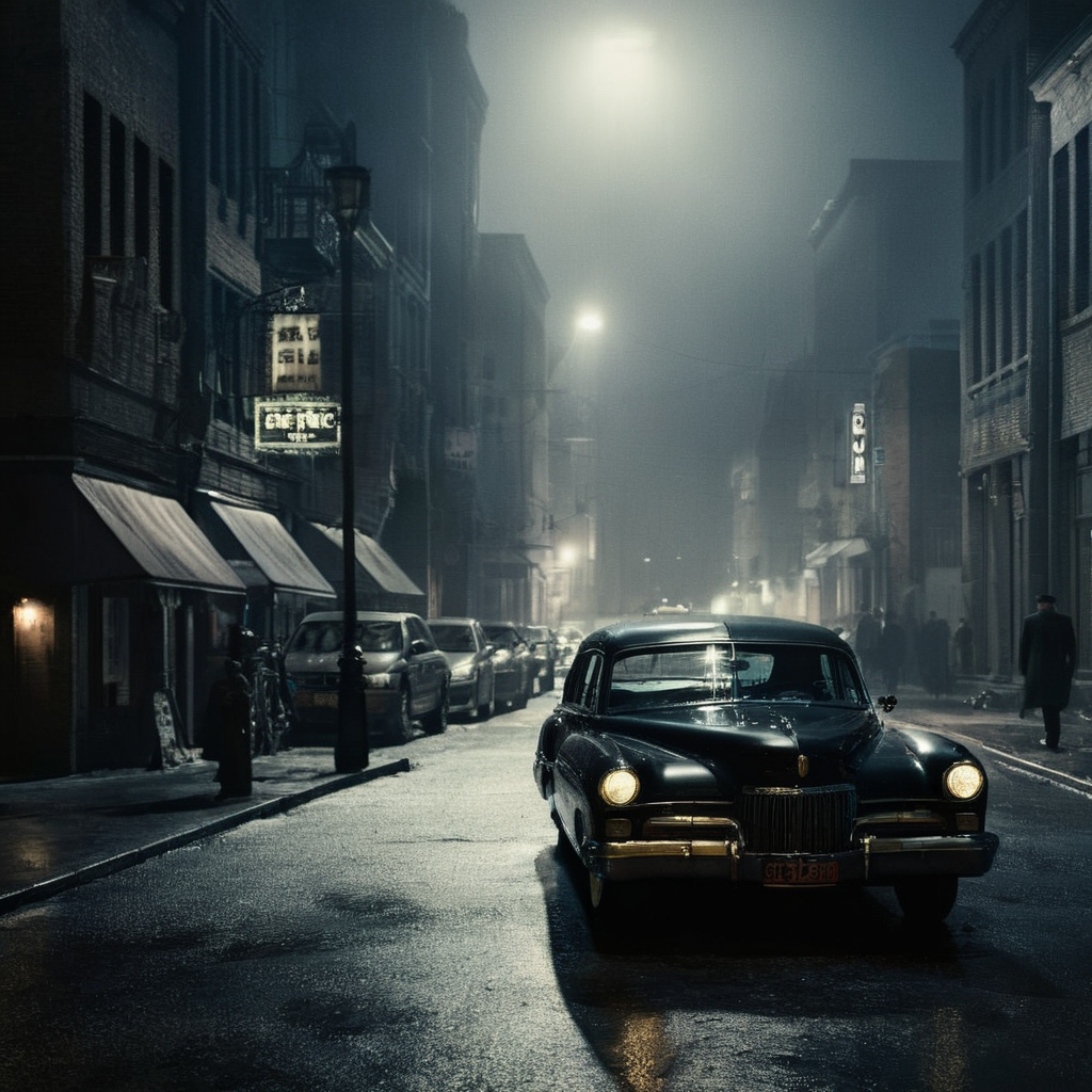 Dark Fantasy Art of cinematic film still of  <lora:Cinematic Hollywood Film:1.5>
Epic Creative Scene a car is parked on a film noir city street Cinematic Hollywood Film Style, dark, moody, dark fantasy style
