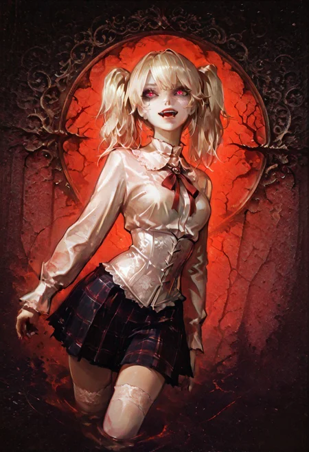 masterpiece, best quality, amazing quality, very aesthetic,absurdres,  newest,  high resolution,(volumetric lighting), (cropped), detailed eyes,  Jeanette, 1girl, twin tails, black eyeshadow, black and red lipstick, blonde, vampire fangs, white corset top with lace trim, (plaid skirt:0.7), (white thigh highs:0.7), white shirt, heterochromia,  (abstract:0.1) , (surreal:0.1), digital art,  dynamic angle,  perfecteyes, usnr, 
