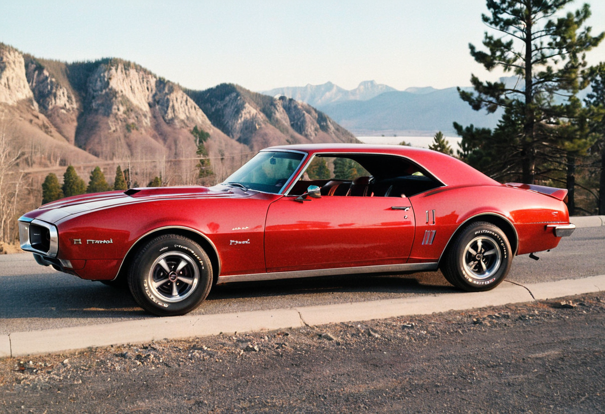 ClassicMuscleCar, red gleaming Pontiac Firebird, side view, scenic mountains sunset, pine trees, 4K, highly detailed, (((stylish grainy analog 35mm film photo)))