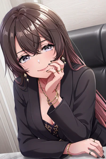 masterpiece, best quality, amazing quality,
<lora:Shano_IL:1> shano, 1girl, jewelry, solo, long hair, bracelet, purple eyes, brown hair, looking at viewer, earrings, necklace, smile, breasts, nail polish, bangs, cleavage, black nails, hair between eyes, makeup, formal, indoors, jacket, sitting, suit, ring, black jacket, ofldsk