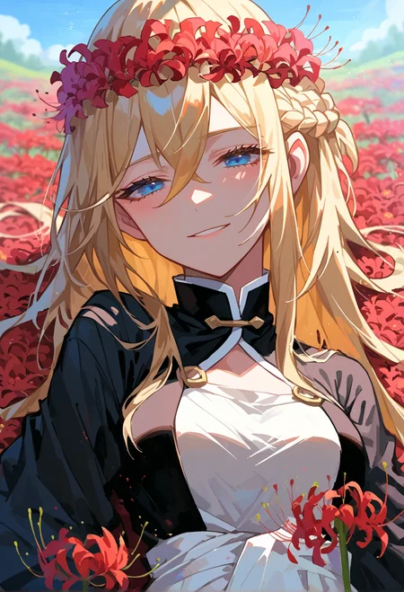 score_9, score_7_up, source_anime, BREAK <lora:Spiderlily:1> spider lily, flower field, red flower wreath, half-closed eyes, flower bed,
black kimono, light smile, 1girl, blue eyes, very long hair, blonde hair, long blonde hair, french braid, bangs, hair between eyes, medium breasts, on back,