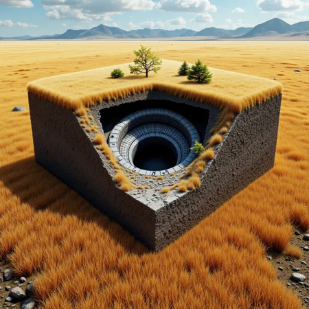M1CR0CUB3D, cube world, underground, cross section, prairie, wheat field, single manhole, tunnel, sci-fi bunker, subway tracks, area 51
