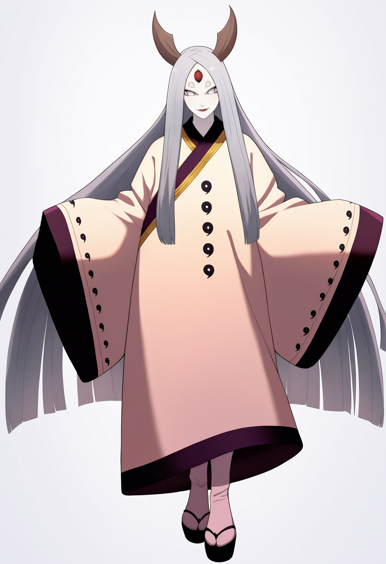 masterpiece, best quality, very aesthetic, absurdres,
1girl, otsutsu kikaguya, grey hair, long hair, grey eyes, third eye, horns,
kimono, pale skin, red lips, wide long sleeves,
standing, full body,
smile, solo, looking at viewer, simple background, white background,    <lora:KaguyaOtsutsukiNoobXL_byKonan:1>