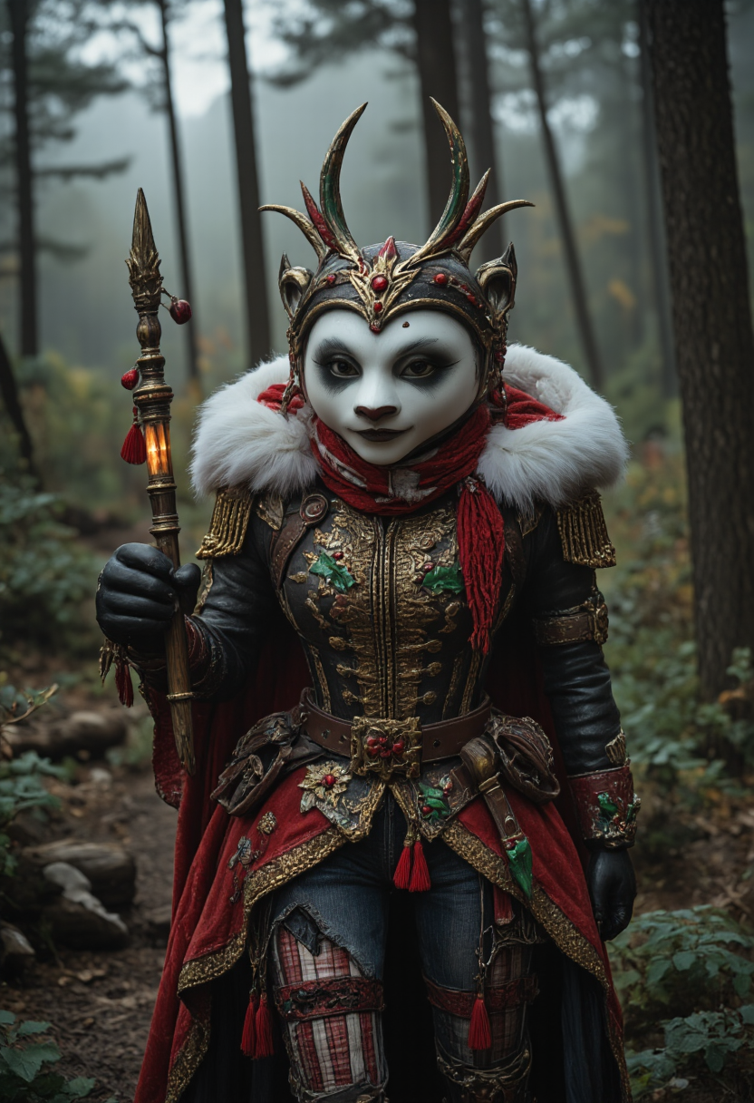 A panda holding a glowing bamboo stick in a misty forest, Animals and Creatures,<lora:ChristmasCouture:0.8>, armor, berry, buckle, bodysuit, coat, corset, crown, distressed denim jeans, edgy, embroidery, epaulettes, fantasy, feathers, festive, floor-length, floral, form-fitting, frilly, fur-lined cape, glittering, gothic, gold accents, gown, headdress, high-collared, holly, jumpsuit, lace, leather, leaves, luxurious, medieval, military-style, off-the-shoulder, opulent, ornate, overcoat, pinstriped, plaid, poinsettia, puffy winter jacket, punk, red and white striped, ruffled, sash, scarf, sequined, shawl, skirt, snowflake, steampunk, sweetheart neckline, tassels, tiara, trimmed with white fur, turtleneck sweater, velvet, Victorian, wings, <lora:boFLUX Christmas Dreams:0.5>, bo-christmas, <lora:ck-old-wooden-christmas-toys-000016:0.5>, A high-quality, close-up photograph of a ck-owct style hand-painted wooden christmas toy featuring a <lora:Satria_Gandrong_FLUX:0.5>, wayang_golek, wayang