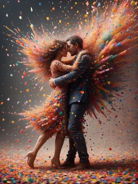mad-confetti-explosion couple embracing <lora:Confetti_Explosion_SDXL:0.9>, (masterpiece:1.2), best quality, (hyperdetailed, highest detailed:1.2), high resolution textures