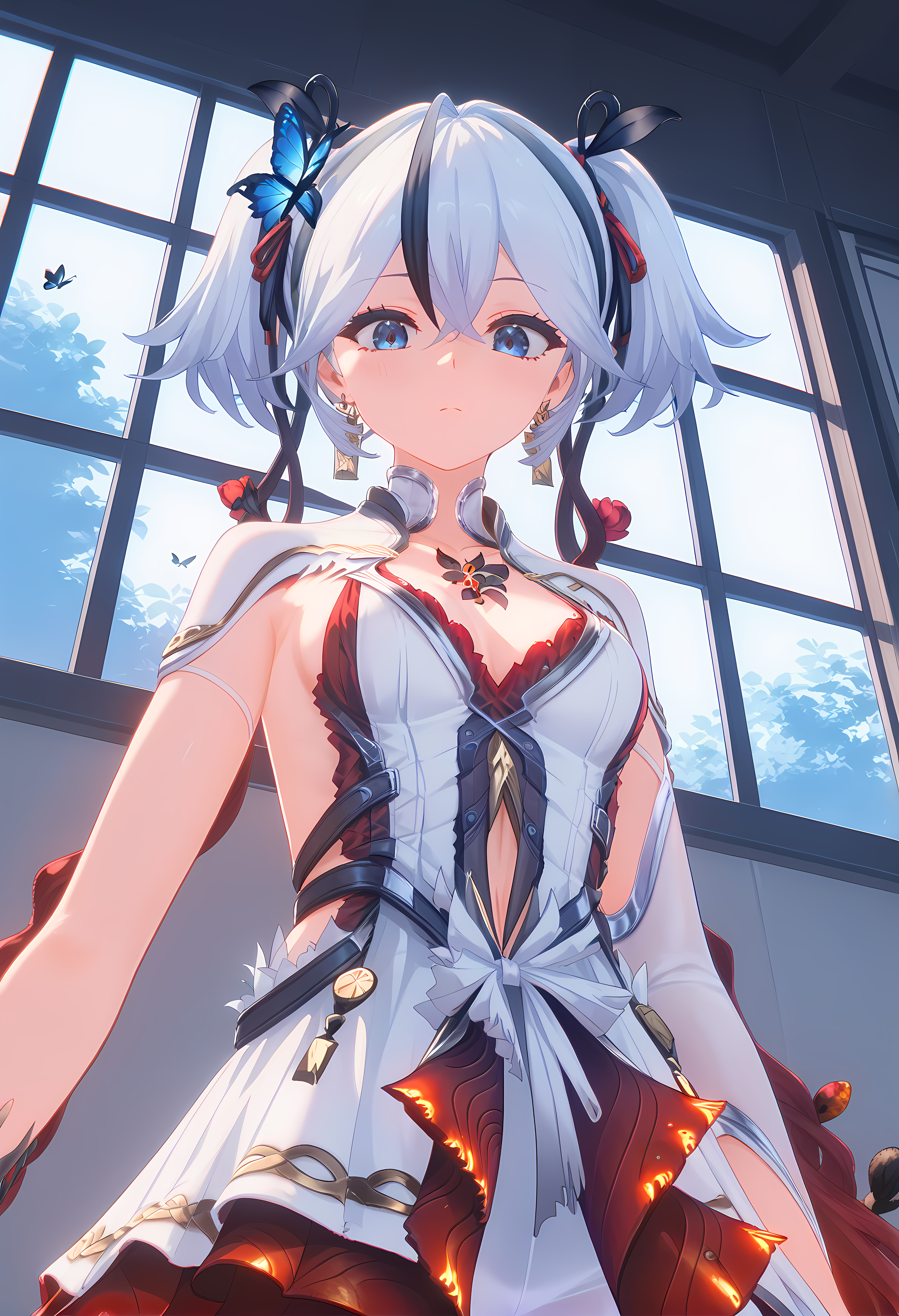 score_9,score_8_up,score_7_up,ohwx, 1girl, solo, breasts, multicolored_hair, jewelry, hair_between_eyes, twintails, white_hair, streaked_hair, earrings, hair_ornament, black_hair, flower, short_hair, blue_eyes, ribbon, hair_ribbon, blue_hair, medium_breasts,dress, white_dress, clothing_cutout, pantyhose, white_pantyhose, detached_sleeves, cleavage, bug, butterfly, sideboob,window, on couch, sitting, leaning forward, looking down, (confused:1.1), blurry, (from below:1.5), upper body, cowboy shot, dutch angle,<lora:camellya_pony_sobsynapse-000002:1>