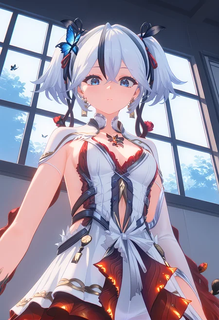 score_9,score_8_up,score_7_up,ohwx, 1girl, solo, breasts, multicolored_hair, jewelry, hair_between_eyes, twintails, white_hair, streaked_hair, earrings, hair_ornament, black_hair, flower, short_hair, blue_eyes, ribbon, hair_ribbon, blue_hair, medium_breasts,dress, white_dress, clothing_cutout, pantyhose, white_pantyhose, detached_sleeves, cleavage, bug, butterfly, sideboob,window, on couch, sitting, leaning forward, looking down, (confused:1.1), blurry, (from below:1.5), upper body, cowboy shot, dutch angle,<lora:camellya_pony_sobsynapse-000002:1>