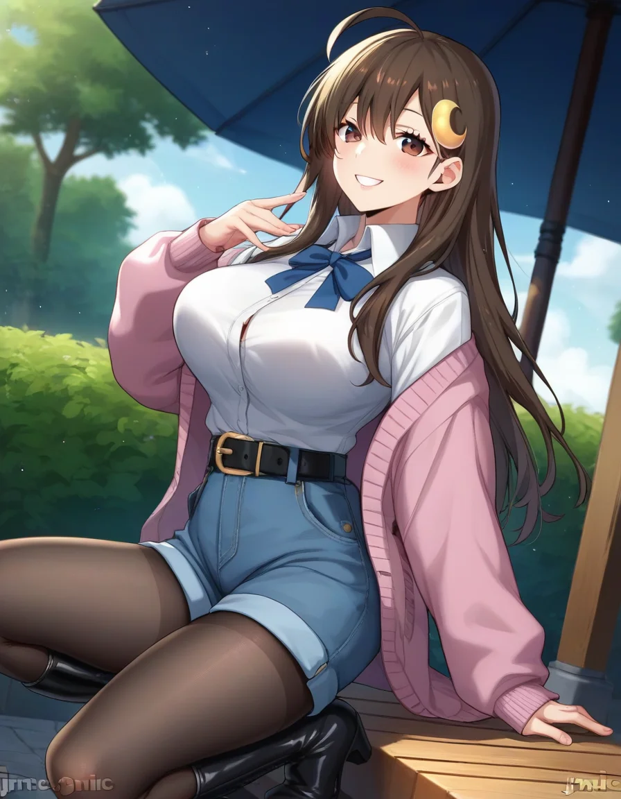 score_9,score_8_up,score_7_up,score_6_up BREAK official art,solo,outdoors,upper body,(portrait:1.5),looking at viewer,facing viewer,smile,blush,Fujino Mitsuki,ahoge,long hair,brown hair,crescent hair ornament,sidelocks,hair between eyes,parted bangs,brown eyes,pink cardigan,open cardigan,neck ribbon,blue ribbon,collared shirt,white shirt,long sleeves,large breasts,skindentation,shirt tucked in,black belt,blue shorts,black pantyhose,high heel boots,black footwear,<lora:Fujino Mitsuki-Manga(zasoo)-Pony:1.5>,