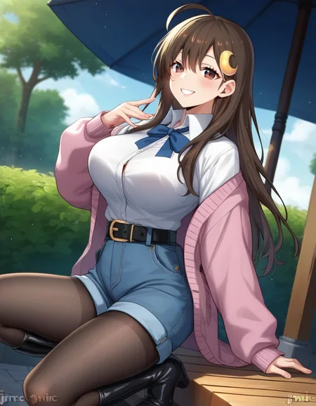 score_9,score_8_up,score_7_up,score_6_up BREAK official art,solo,outdoors,upper body,(portrait:1.5),looking at viewer,facing viewer,smile,blush,Fujino Mitsuki,ahoge,long hair,brown hair,crescent hair ornament,sidelocks,hair between eyes,parted bangs,brown eyes,pink cardigan,open cardigan,neck ribbon,blue ribbon,collared shirt,white shirt,long sleeves,large breasts,skindentation,shirt tucked in,black belt,blue shorts,black pantyhose,high heel boots,black footwear,<lora:Fujino Mitsuki-Manga(zasoo)-Pony:1.5>,