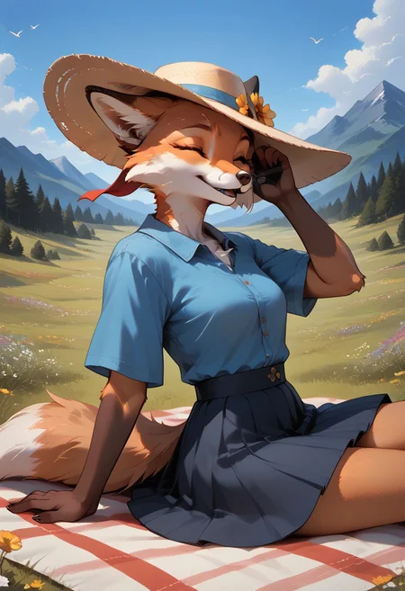 score_9, score_8_up, score_7_up, easynegative, EyesHD, realistic style, detailed face, 1girl, Lyssa, fox girl, (anthro fox girl: 1.2), sitting on a pillow, on a picnic blanket, on top of a hill, mountains in distance, wind, gentle clouds, flowers, bird in distance, outdoors, leaning back, close up, from side, from front, skirt, hat, blue shirt, laughing, eyes closed, mouth open, hand up,