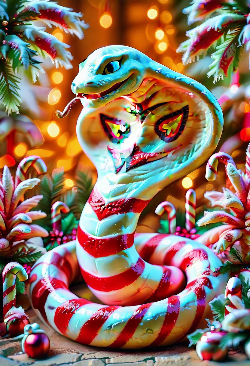masterpiece, best quality,  animal christmas, CandyCaneMorph,  (white scales, red stripes, snake:1),
Arbok, no humans, Christmas jungle,