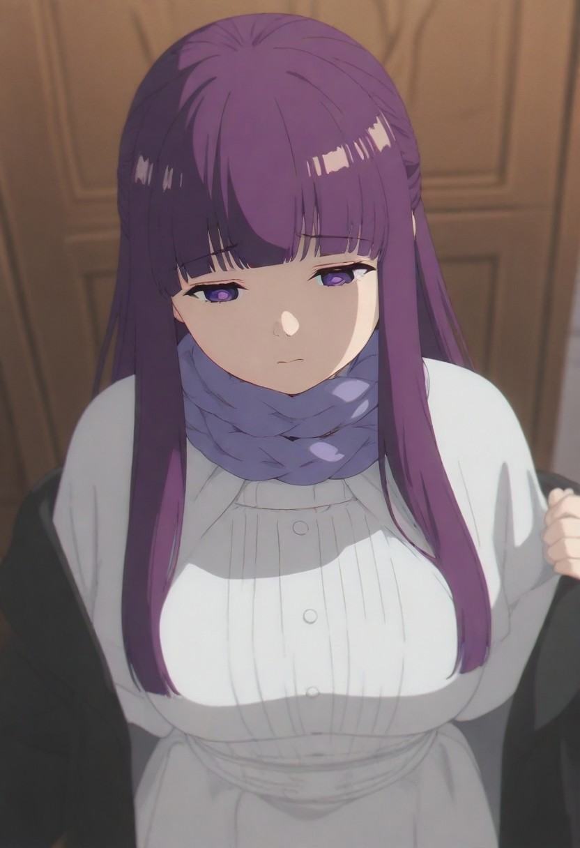 masterpiece, best quality, amazing quality,,, shiny skin,,,,,,, <lora:Fern:1> f3rn, fern (sousou no frieren), long hair, purple hair, blunt bangs, sidelocks, straight hair, purple eyes,, capelet, white capelet,white dress, black coat, purple scarf,