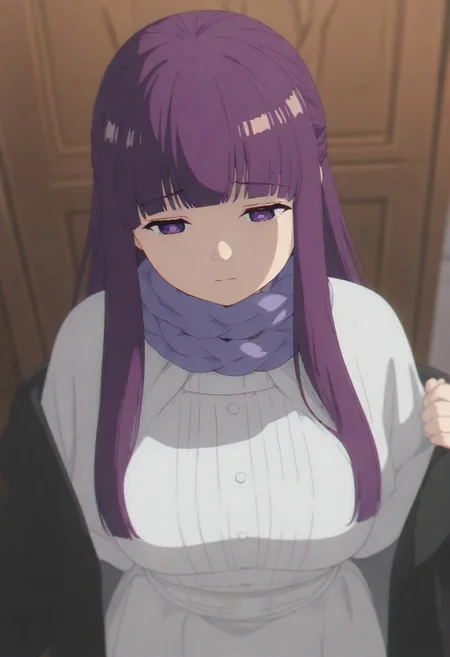 masterpiece, best quality, amazing quality,,, shiny skin,,,,,,, <lora:Fern:1> f3rn, fern (sousou no frieren), long hair, purple hair, blunt bangs, sidelocks, straight hair, purple eyes,, capelet, white capelet,white dress, black coat, purple scarf,