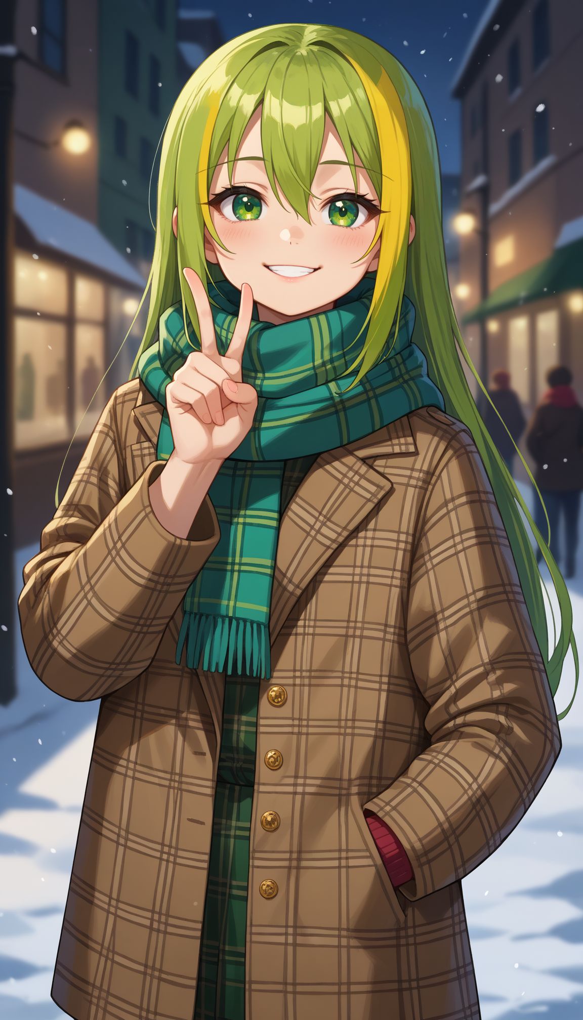 score_9, score_8_up, score_7_up, score_6_up, , solo, 20yo woman, (Beuty:1.1) , (cute:1.3), ,perfecteyes , seductive smile,perfect,  
,<lora:alina_gray:0.8> , green eyes,  very long straight green hair, yellow streak, sidelocks, blunt ends,  lock between her eyes.
alina_gray, scarf, blurry, blurry background, bokeh, depth of field, hair between eyes, jacket, long sleeves, looking at viewer, plaid, plaid dress, plaid jacket, plaid scarf, plaid shirt, scarf, smile, solo, unmoving pattern, street, winter, snow, one hand on pocket, v over eyes