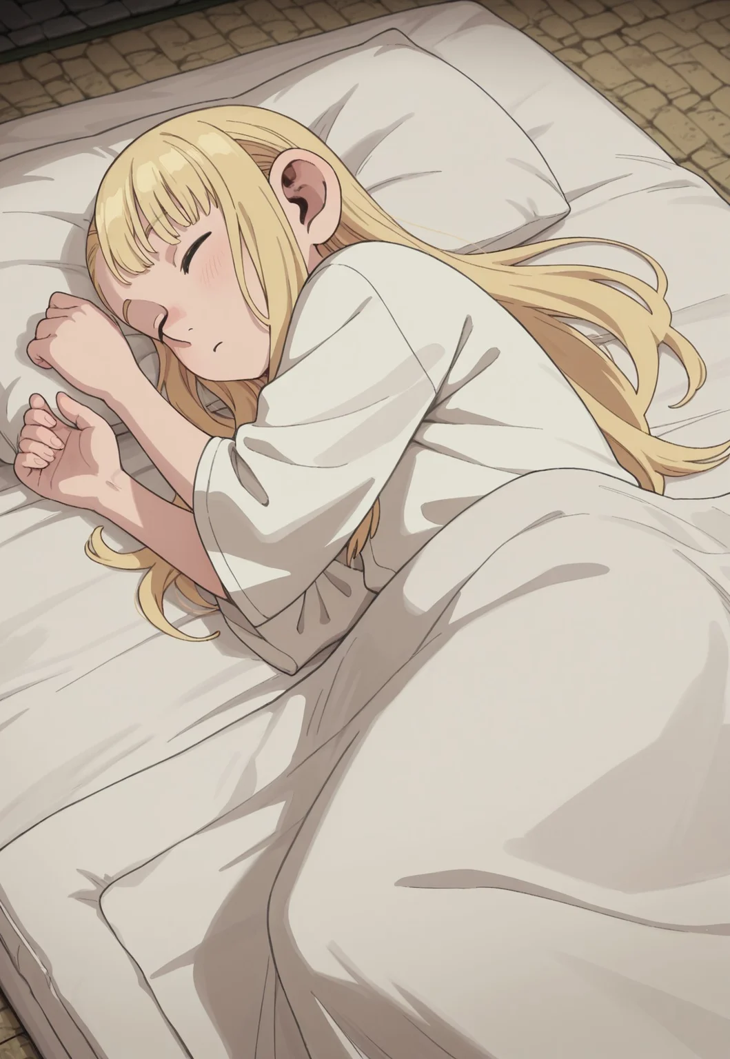 masterpiece, best quality, amazing quality, very aesthetic, absurdres, HalffootMarcille,1girl, solo, female focus, blonde hair, long hair, white oversized shirt, sleeping, lying, on side, under cover, futon, dungeon, dark