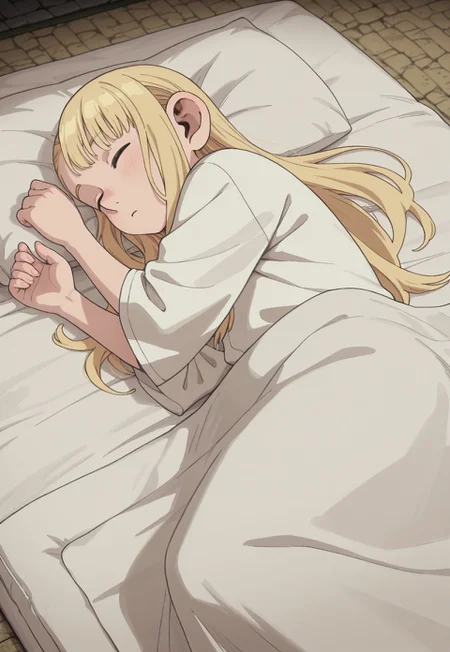 masterpiece, best quality, amazing quality, very aesthetic, absurdres, HalffootMarcille,1girl, solo, female focus, blonde hair, long hair, white oversized shirt, sleeping, lying, on side, under cover, futon, dungeon, dark
