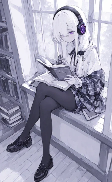 masterpiece, best quality, good quality, very awa, newest, highres, absurdres, 1girl, solo, long hair, shirt, white hair, purple eyes, holding, sitting,white blouse, long hair, shoes, pants, indoors, black footwear, black pantyhose, plaid, book, window, headphones, crossed legs, loafers, hair over shoulder, holding book, wooden floor, open book, reading, windowsill, limited palette,
(<lora:ponyv4_noob1_2_adamW:0.3>,<lora:MGE_V5.2_IL:0.5>,<lora:add-detail-xl:1>,<lora:ma1ma1helmes_b-STYLE:0.5>,<lora:r17329_illu:0.45>),