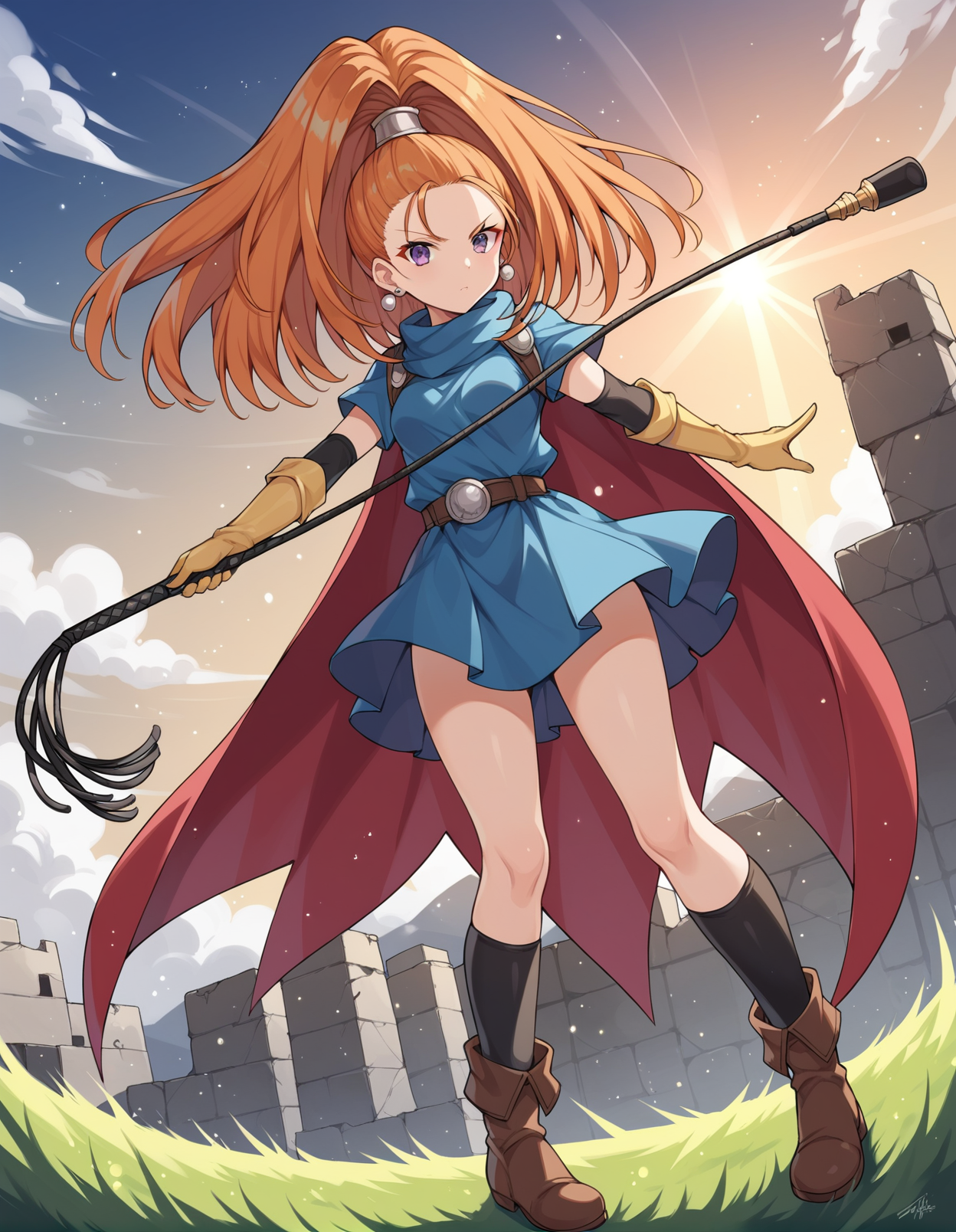 score_9, score_8_up, score_7_up, source_anime, rating_explicit, BREAK <lora:dqBarbara_XL-Pony_LoRA-C3Lier_16-16-8-8_AdamW_Un3e-4_Te1.5e-4_10batch:1>, dqbbra, 1girl, orange hair, high ponytail, long hair, purple eyes, small breasts, earrings, jewelry, red cape, blue dress, short sleeves, elbow gloves, yellow gloves, black gloves, belt, blue skirt, black socks, boots, floating, dutch angle, serious, glowing eyes, eye focus, looking at viewer, facing viewer, holding, whip, holding whip, wind, floating hair, aura, lightning, light particles, light rays, ruins, grass, gradient sky, sunset, lens flare