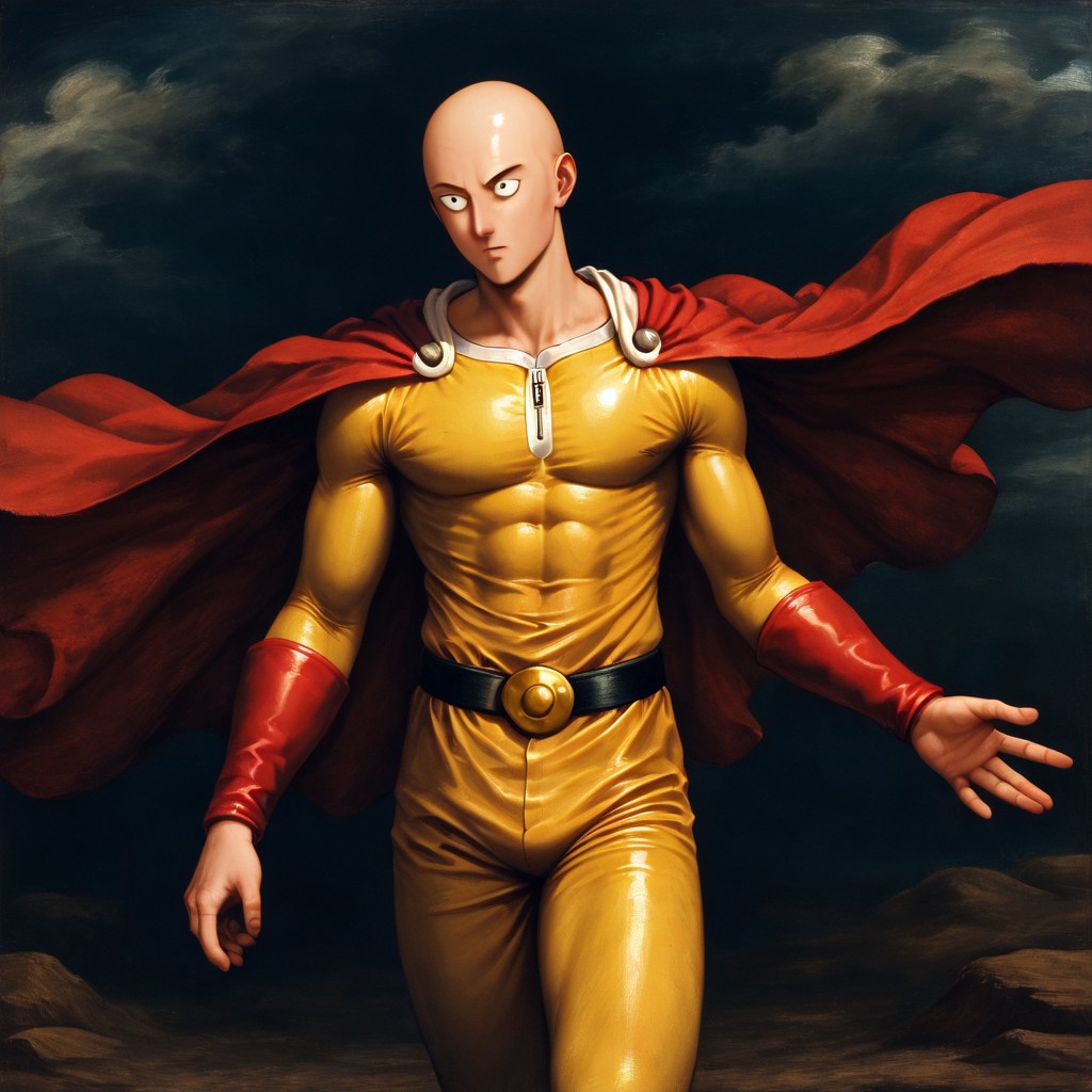 masterpiece, best quality, newest, absurdres, highres, 
ROPV1.0, fine art, fine art. parody, oil painting, traditional media,
1boy, saitama_(one-punch_man), bald, bodysuit, yellow bodysuit, red cape,