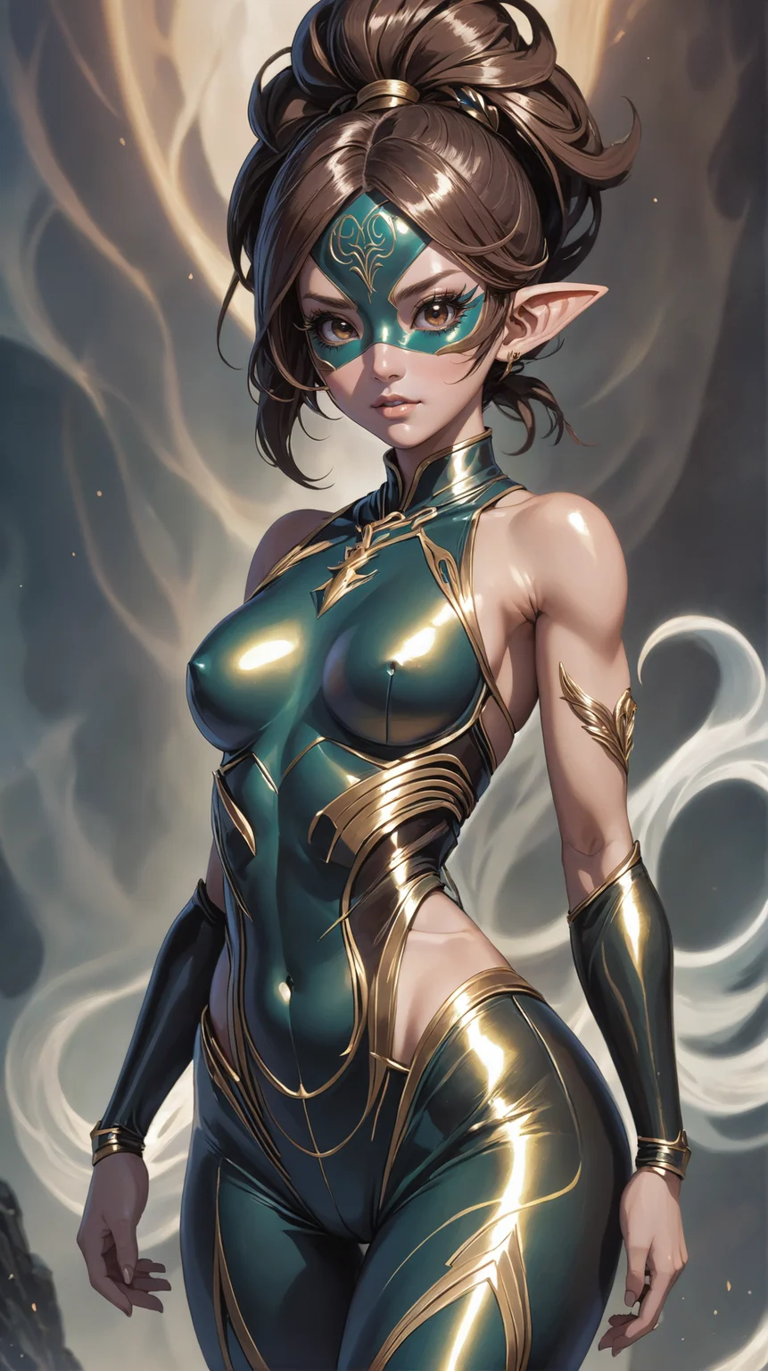 elemental spirit, cinematic still, 1girl, woman, elf renegade villainess, tobi pants, mask, bombshell hair, reflective color:brown metal hair, half updo, thicc hourglass figure, medium breasts, chinese<lora:EnvyElementalSpiritXL01:0.75><lora:EnvyBetterHiresFixXL01:0:hr=1>