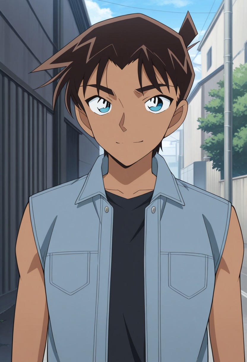 masterpiece,best quality,amazing quality, source_anime,
heijihattori, 1boy, male focus, solo, dark skin, dark-skinned male, blue eyes, brown hair, jacket, sleeveless, upper body, smile, outdoor,
