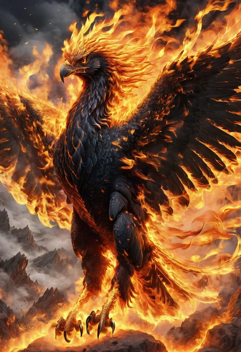 upscale, a black fire phoenix, body made of fire, massive gigantic fire phoenix, fierce, roaring, looking at the viewer, hyperrealistic, fantasy, flying around, angry, highly detailed body, super realistic, hi_res, absurd detailed, very detailed face, in a volcanic environment, volcanic eruption on the background,