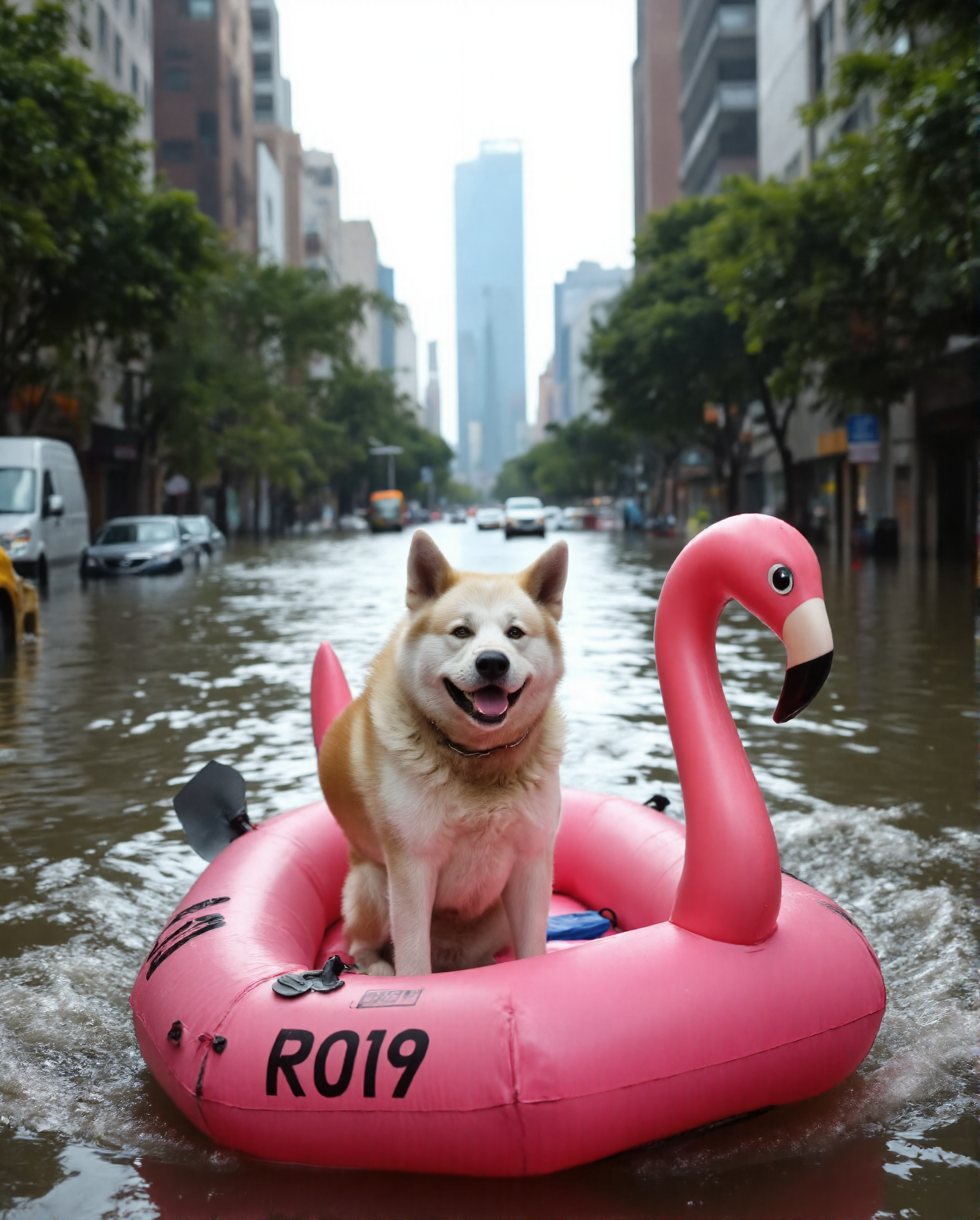 Imagine an image in the style of cinematic photorealism: A joyful Akita Inu dog named Yujin, happily navigating the flooded city streets in a pink flamingo inflatable boat. Yujin is smiling contentedly as he passes by half-submerged vehicles and debris. The boat's wake creates ripples that distort the reflection of a distant, partially flooded skyscraper., <lora:flux\personas\YujinLiz.safetensors:1.0:1.0> <lora:flux\estilos\Flooded_Streets_Flux.safetensors:1.0:1.0> <lora:flux\estilos\PCB_Image_Enhancer_for_FLUX.safetensors:1.0:1.0>