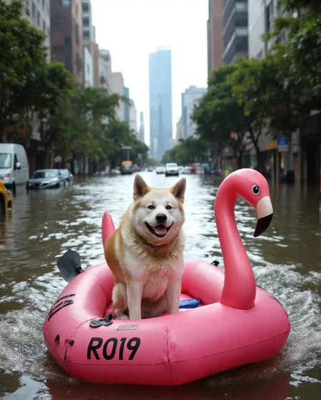 Imagine an image in the style of cinematic photorealism: A joyful Akita Inu dog named Yujin, happily navigating the flooded city streets in a pink flamingo inflatable boat. Yujin is smiling contentedly as he passes by half-submerged vehicles and debris. The boat's wake creates ripples that distort the reflection of a distant, partially flooded skyscraper., <lora:flux\personas\YujinLiz.safetensors:1.0:1.0> <lora:flux\estilos\Flooded_Streets_Flux.safetensors:1.0:1.0> <lora:flux\estilos\PCB_Image_Enhancer_for_FLUX.safetensors:1.0:1.0>