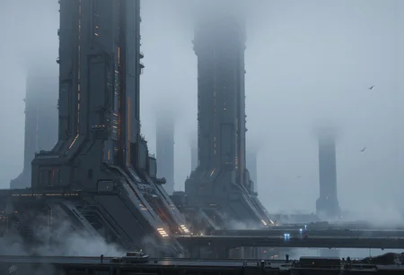 <lora:ck-Sci-Fi-Concepts:0.7>, in the style of ck-sfc, Visualize Artemis Station as a towering, enigmatic structure rising from a cold, fog-laden world. The massive spires stretch skyward, their dark metallic surfaces glistening with condensation from the mist. Each tower is adorned with intricate, glowing lines of orange and blue lights, hinting at the advanced technology within. The fog is thick at ground level, muffling sounds and creating an eerie, quiet atmosphere, while faint mechanical hums reverberate through the air. In the distance, other towering monoliths fade into the fog, creating a sense of endlessness. The lighting is soft and diffused, with occasional beams piercing through the fog from docking bays, casting long, dramatic shadows. The camera is set at ground level, looking up at the overwhelming scale of the station, emphasizing its imposing and mysterious nature. no humans.
<lora:flux.1_lora_flyway_Epic-detail_v2:0.6>
<lora:CPA:0.5>
<lora:BLUE_mk4_angel_FLUX_01:0.30>