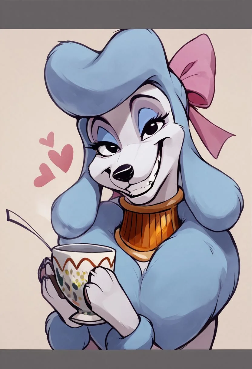 score_9,score_8,score_7,source_furry,
<1girl:1.5>,
<solo:1.5>,
georgette_oliver, georgette_poodle, 1girl, solo, furry female, furry, smile, bow, pink bow, hair bow, cup, letterboxed, parody, plant, grin, breasts, jewelry, style parody, upper body, teeth, poodle_girl, feral, dog, canine, poodle, sfw, safe,meme, Grimace,
detailed,
4k,
8k,
full hd,