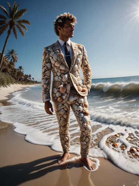 man in suit made of mad-seashell in the waves, palm tree <lora:Sea_Shells_SDXL:0.8>, masterpiece, best quality, ultra high res, (photorealistic, realistic:1.2), deep shadow, raw photo, film grain, Fujifilm XT3, 8k uhd, dslr
