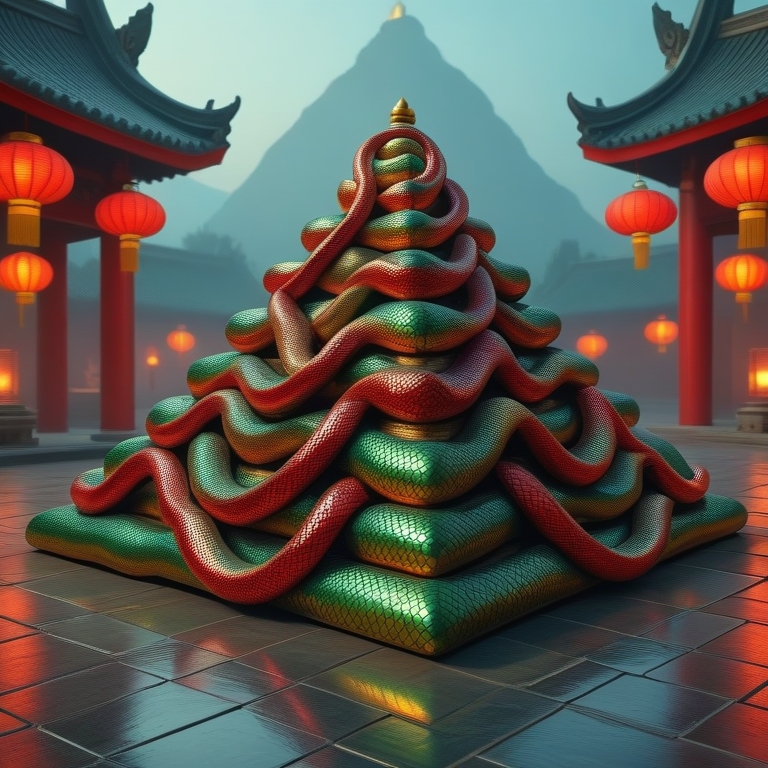 sn4k3bug pyramid, metallic scales in green, red, and gold colors. sn4k3bug create a detailed texture while forming all parts of the pyramid. The setting is a traditional Asian environment, featuring glowing red lanterns, typical architecture in the background, and a reflective stone floor. Soft lighting highlights sn4k3bug shimmer, ensuring the pyramid looks cohesive and colorful, maintaining a mysterious and vibrant atmosphere. <lora:sn4k3bug:0.65>