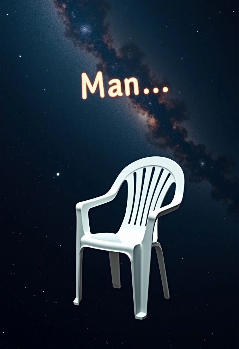 A plane white plastic chair floating in space, slightly tilted off axis, the text "Man..." appears floating above it in large rounded letters, galaxy in the background, lots of stars