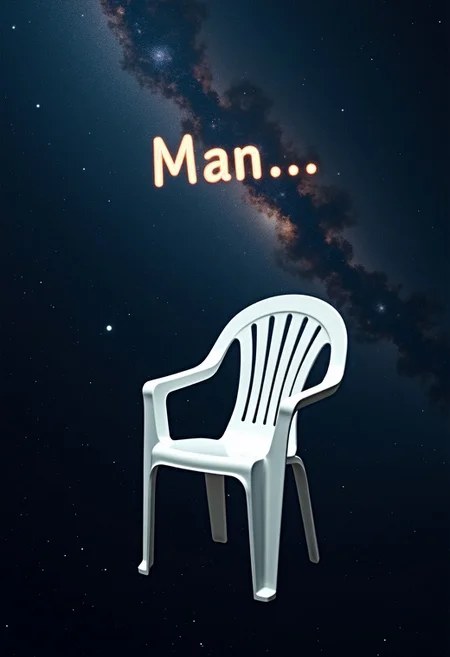A plane white plastic chair floating in space, slightly tilted off axis, the text "Man..." appears floating above it in large rounded letters, galaxy in the background, lots of stars