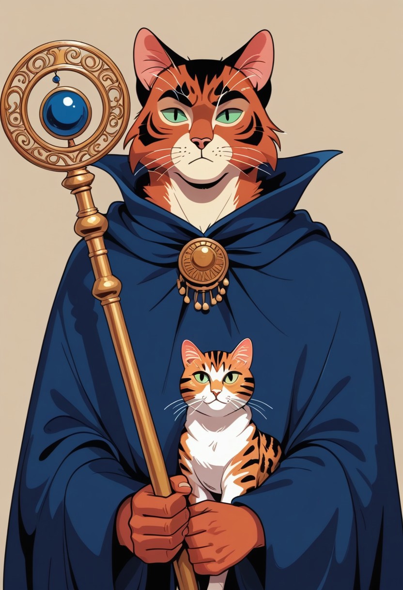 score_9, score_8_up, score_7_up, solo, 1 cat, easynegative, catman, staff, memphis corporate design, flat art, flat coloring, simple, vector art, corporate art, cel shading, cel shaded, Vector Cartoon Illustration, cat, catman, man with cat head, red furr cat, red furr, dark blue mantle, beige backgound,