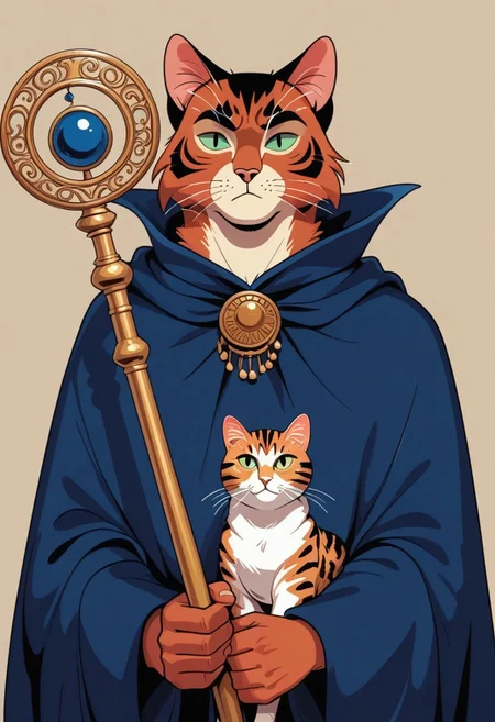 score_9, score_8_up, score_7_up, solo, 1 cat, easynegative, catman, staff, memphis corporate design, flat art, flat coloring, simple, vector art, corporate art, cel shading, cel shaded, Vector Cartoon Illustration, cat, catman, man with cat head, red furr cat, red furr, dark blue mantle, beige backgound,